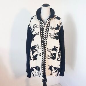 ANN MAURICE Vintage Women’s XL Cream/Black Jacket Woven Tapestry Farm Scene Boho